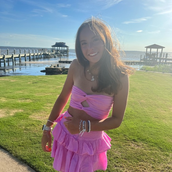 Blanco By Nature Dresses & Skirts - Strapless Pink Ruffle Skirt Set - Twist Crop Top & Tiered Mini Skirt